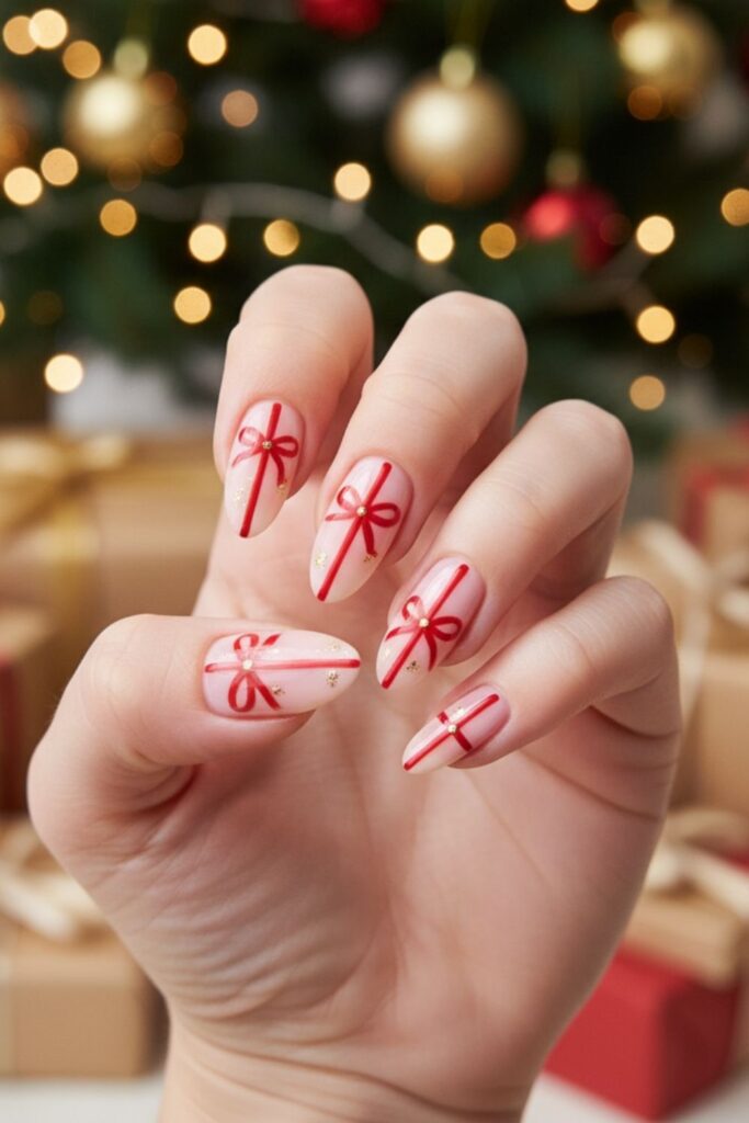 Elegant Red Ribbon Bow on Pink Base