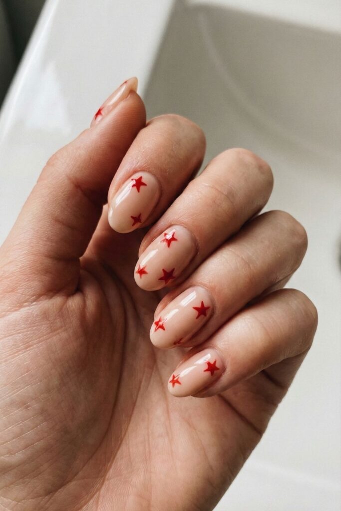 Red & Nude Minimalist Stars Nails
