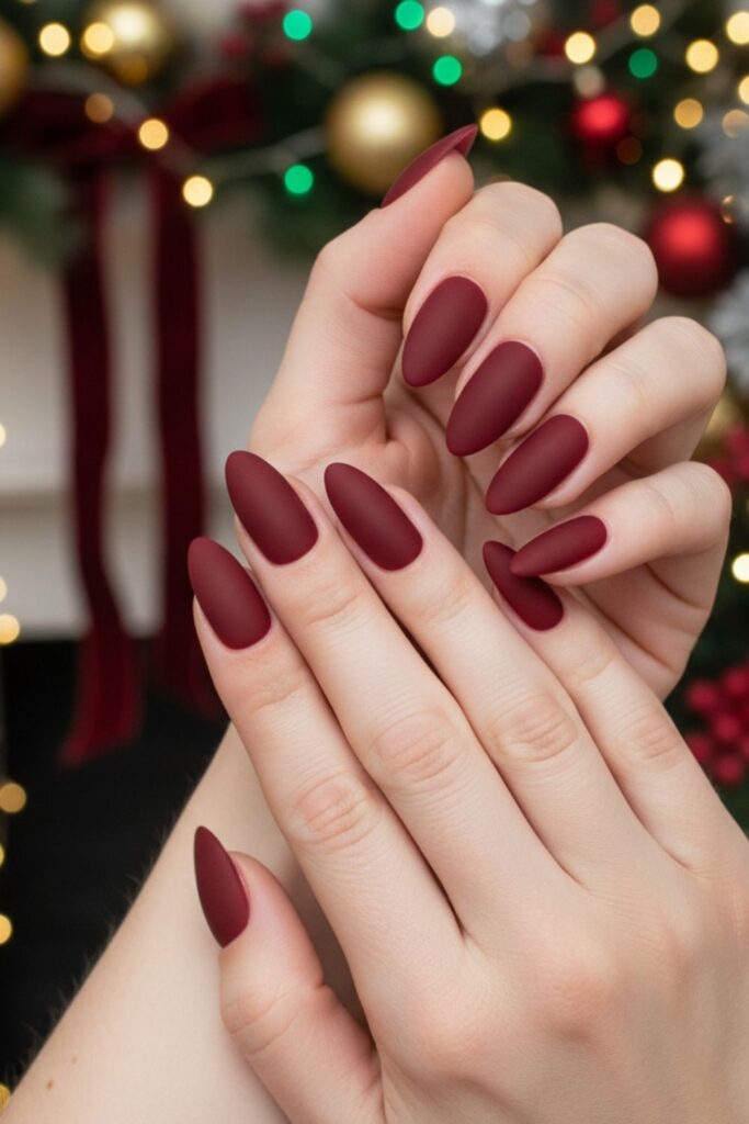 Matte Burgundy Almond Nails