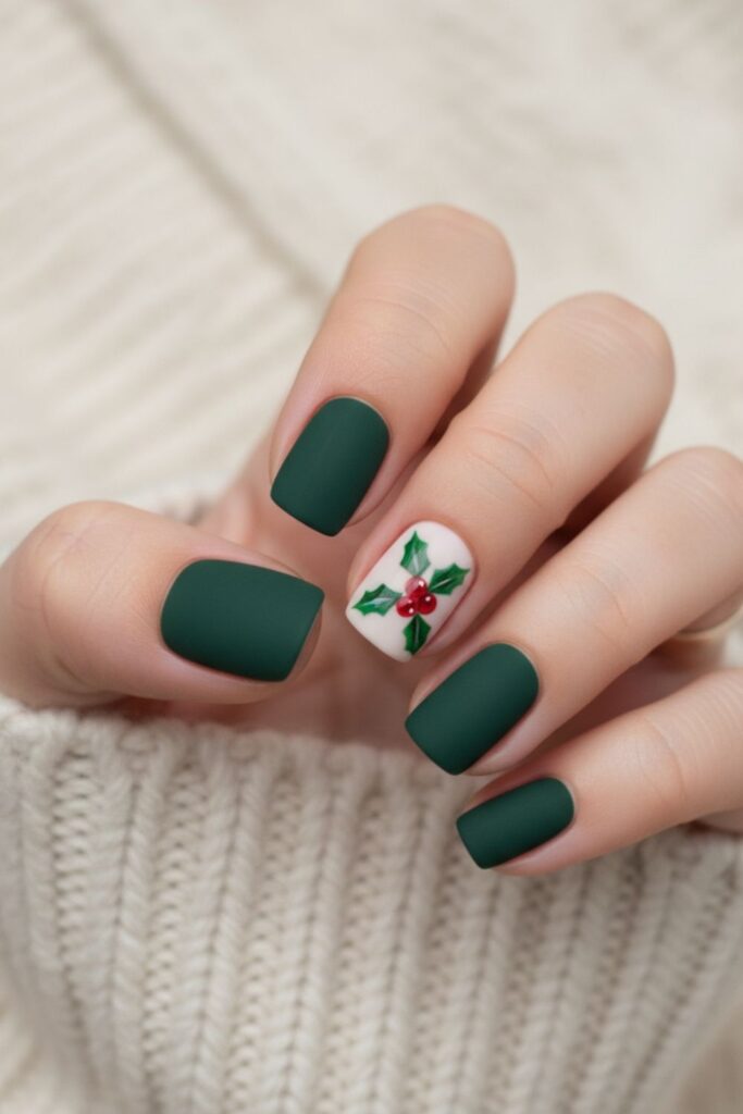 Holly Berry Green Accent Nails
