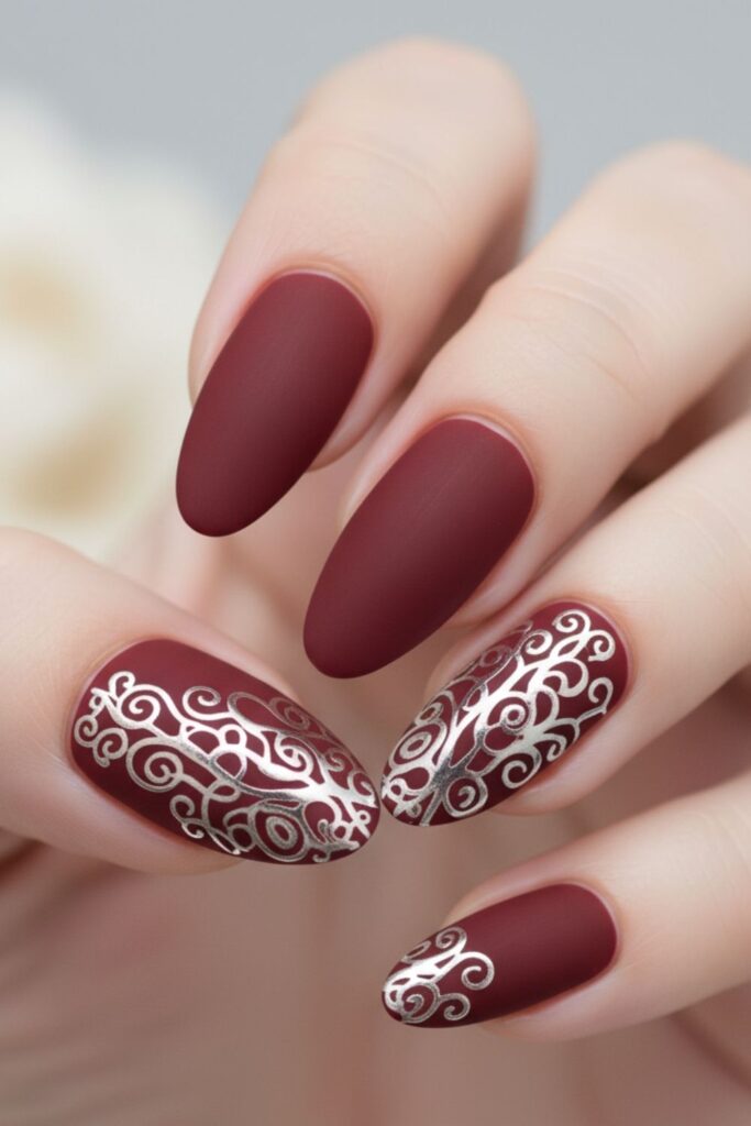 Berry Wine Red Matte with Glossy Ornament Nails