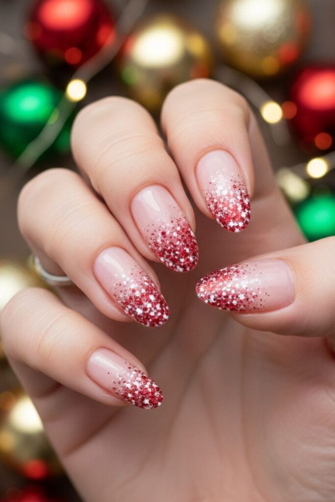Glitter Gradient Candy Cane Tips Nails