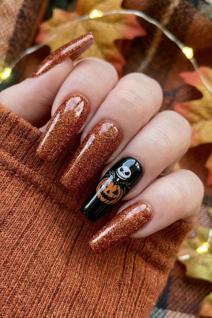Glittery Pumpkin King Accent Nails