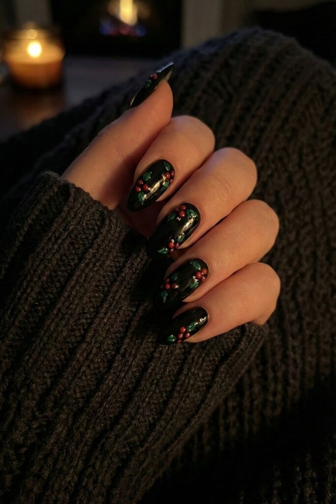 Holly Berry Dots on Glossy Black Nails
