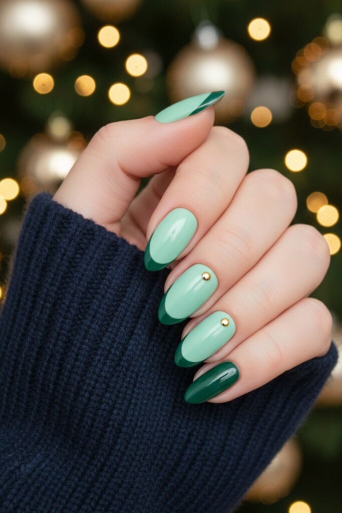 Mint French Tip with Evergreen Detail Nails