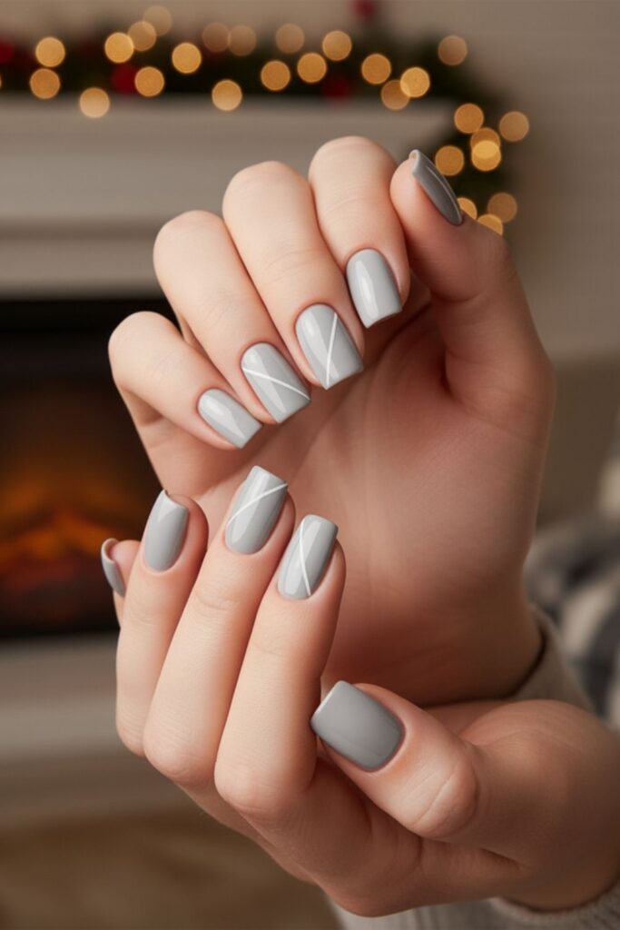 Light Grey with Fine White Diagonal Line Nails