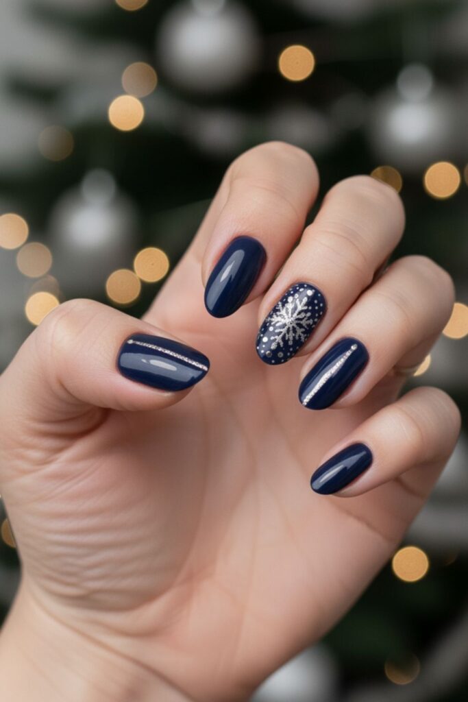 Navy & Silver Snowflake Nails
