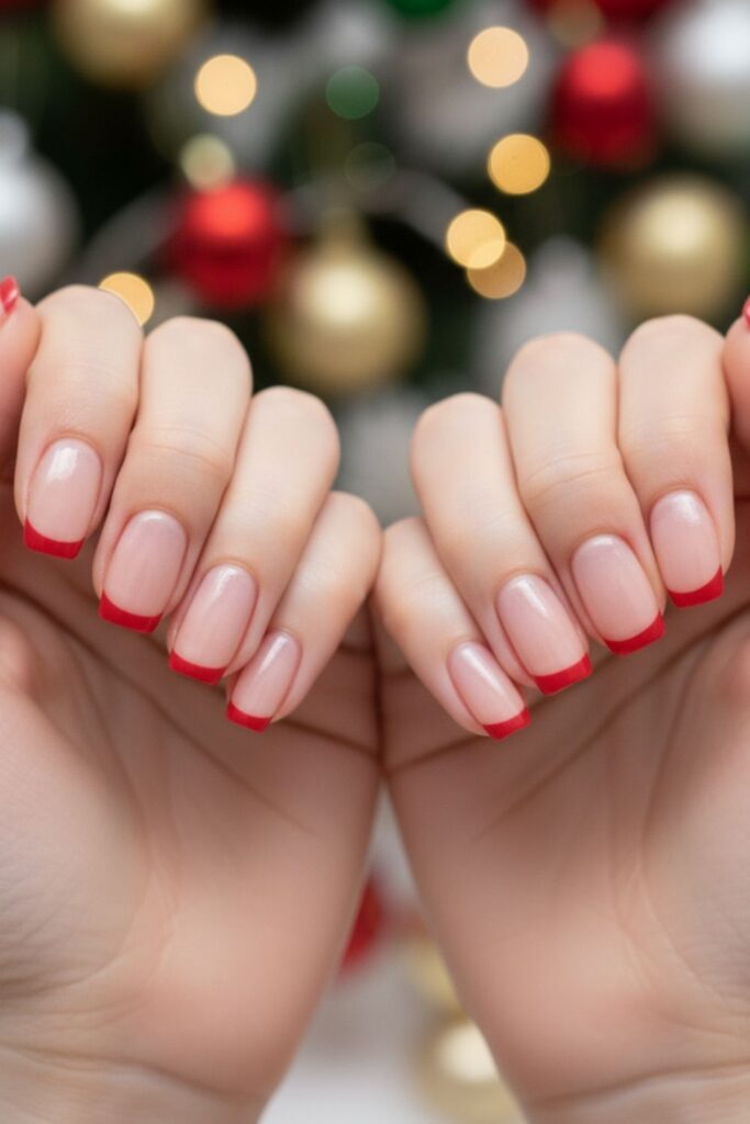 Nude with Red French Tips Nails