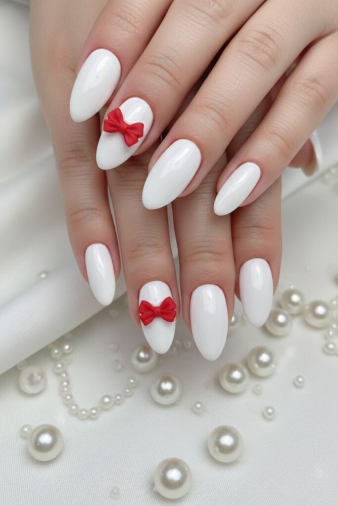 Snow-White Almond with Tiny Red Bows Nails