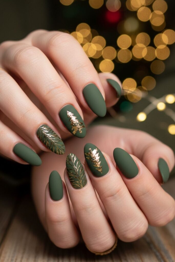 Gold Foil Trees on Olive Base Nails