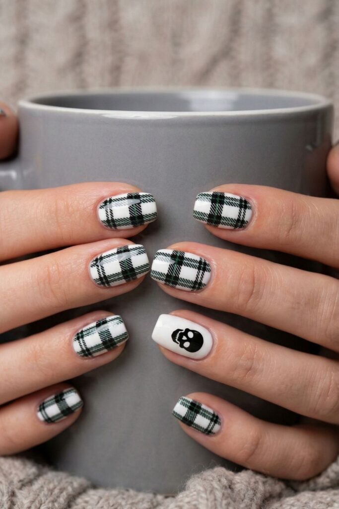 Black, White & Green Gothic Plaid Nails