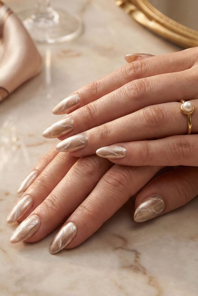 Metallic Champagne & White Marble Nails
