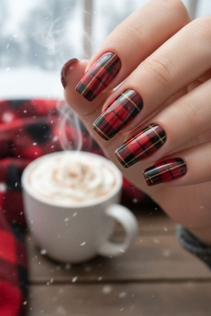 Red Plaid Square Nails