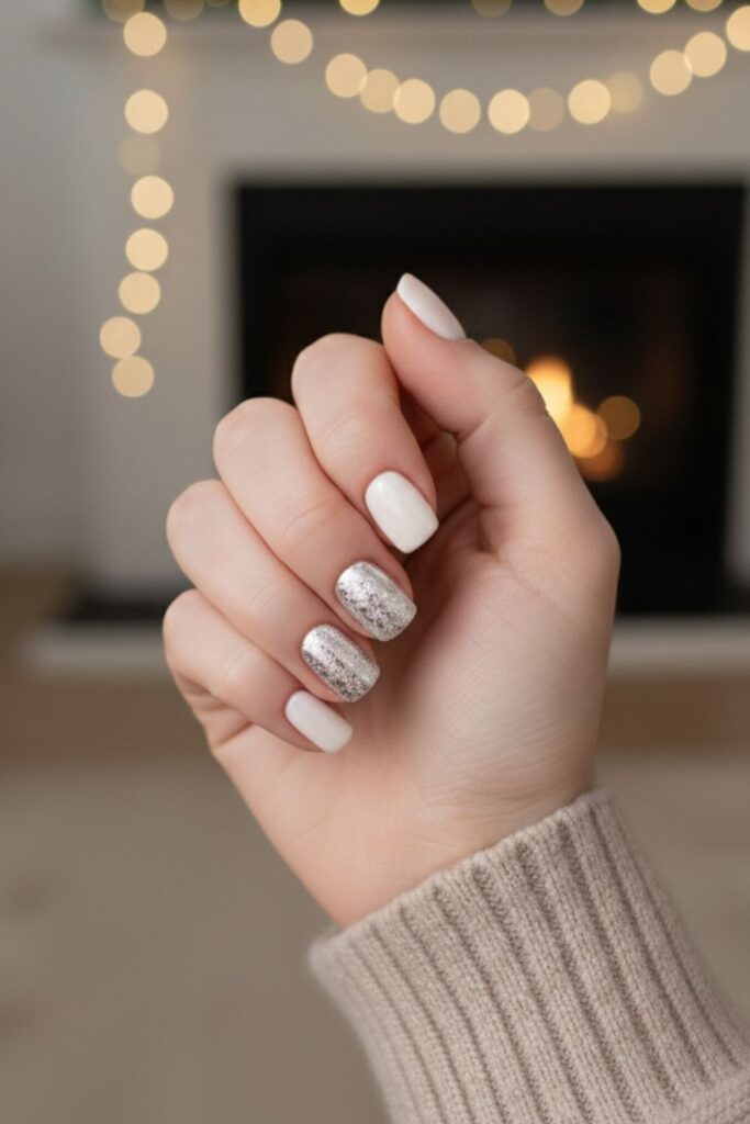Ivory Nude with Soft Silver Foil Accent Nails