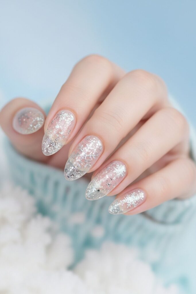 Glittery Silver Snowflake Negative-Space Nails