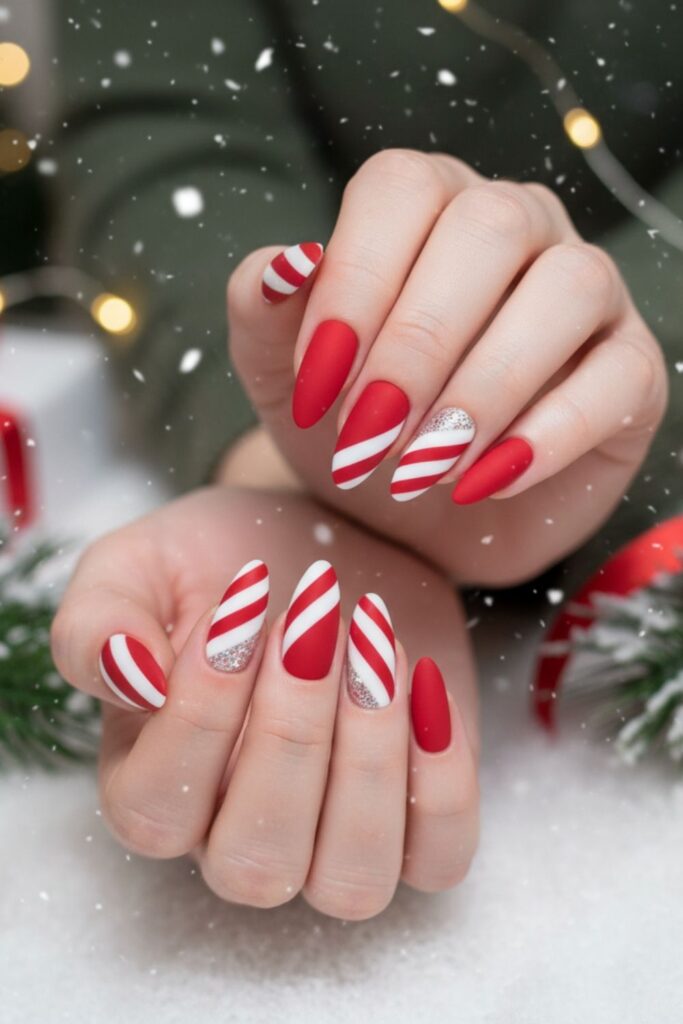 Matte Candy Red & White Nails