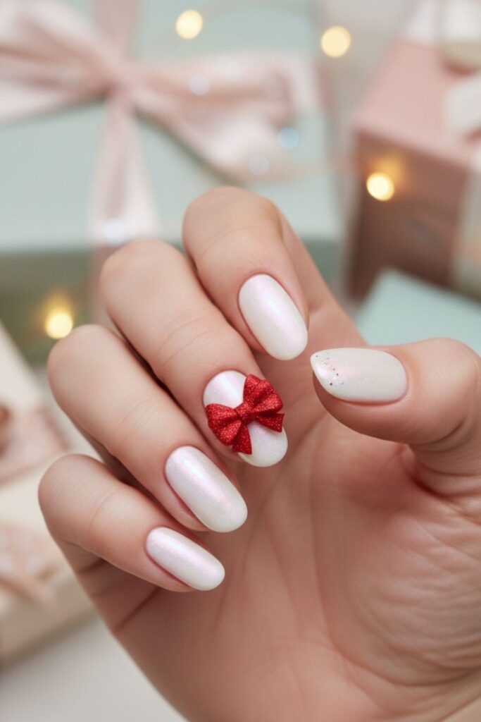 Candy-Pearl White with Red Bow Accent Nails
