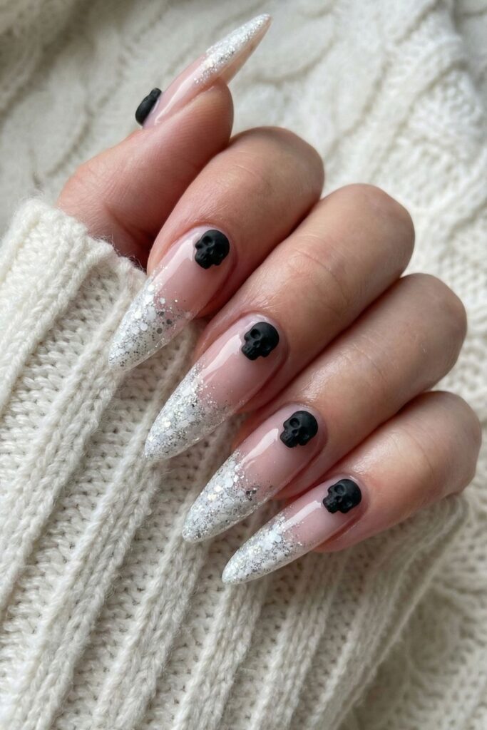 Glitter Snow & Skull Accents Nails