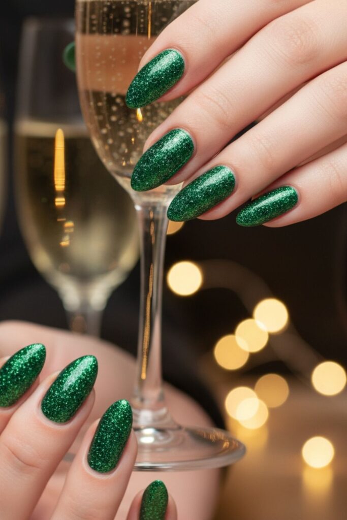 Emerald Glitter Almond Nails