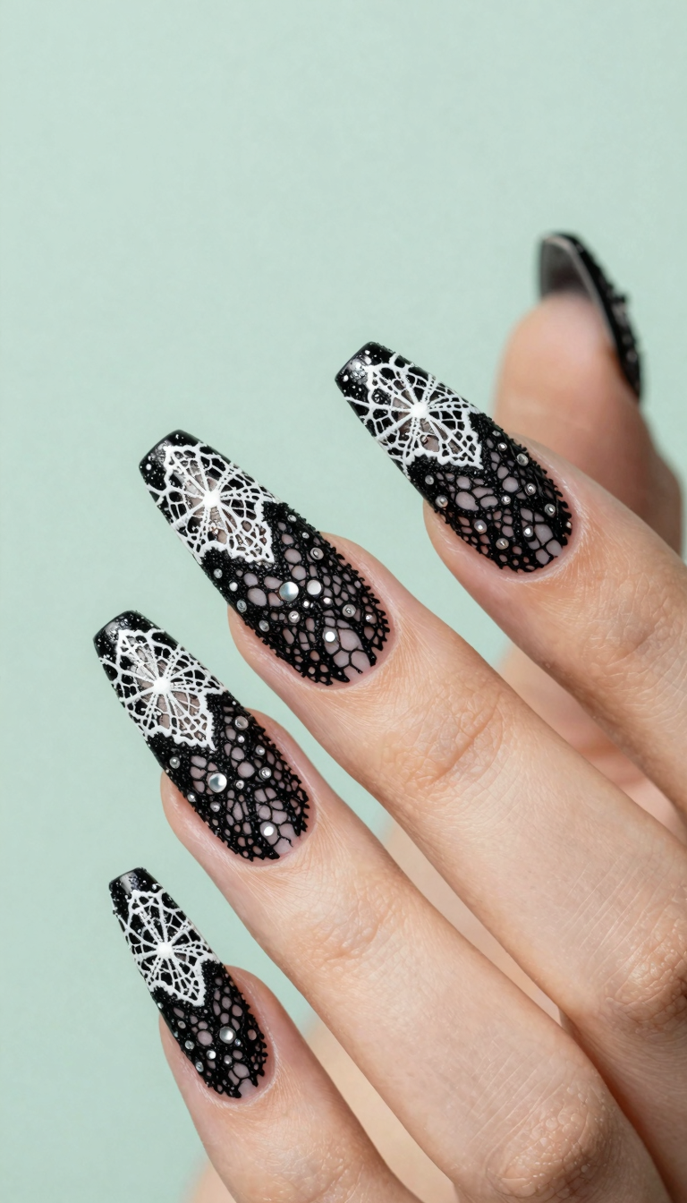 Black Lace Filigree with Silver Dots