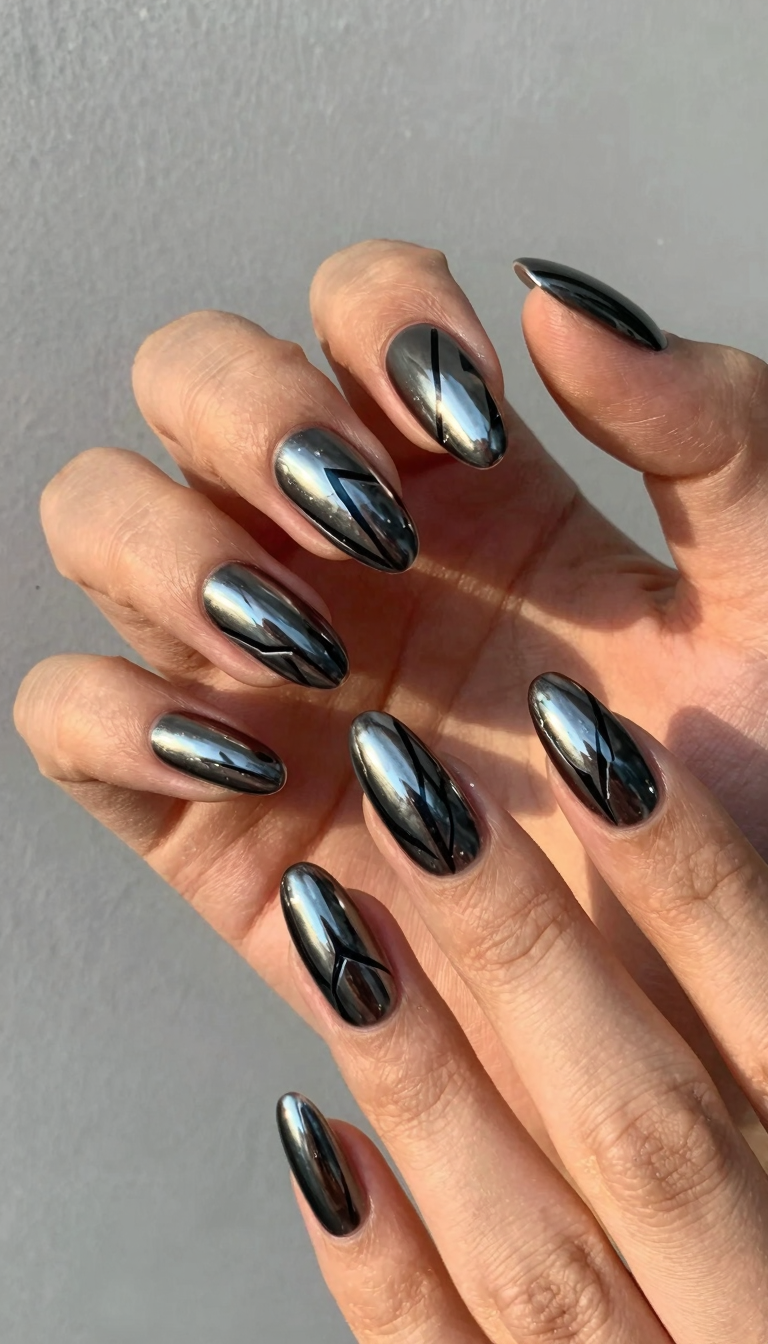 Chrome Black Mirror with Sculptural Geometry