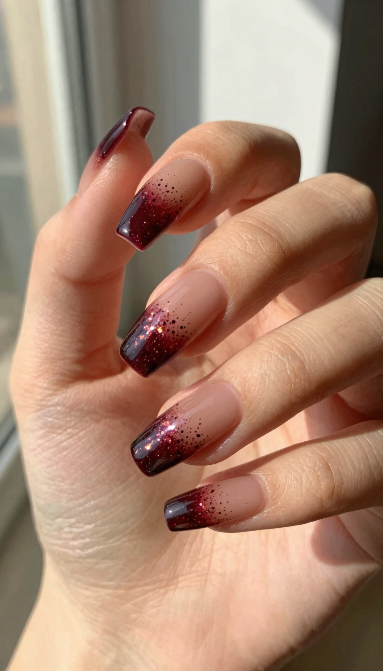 Deep Burgundy Glitter Fade to Nude Ombre