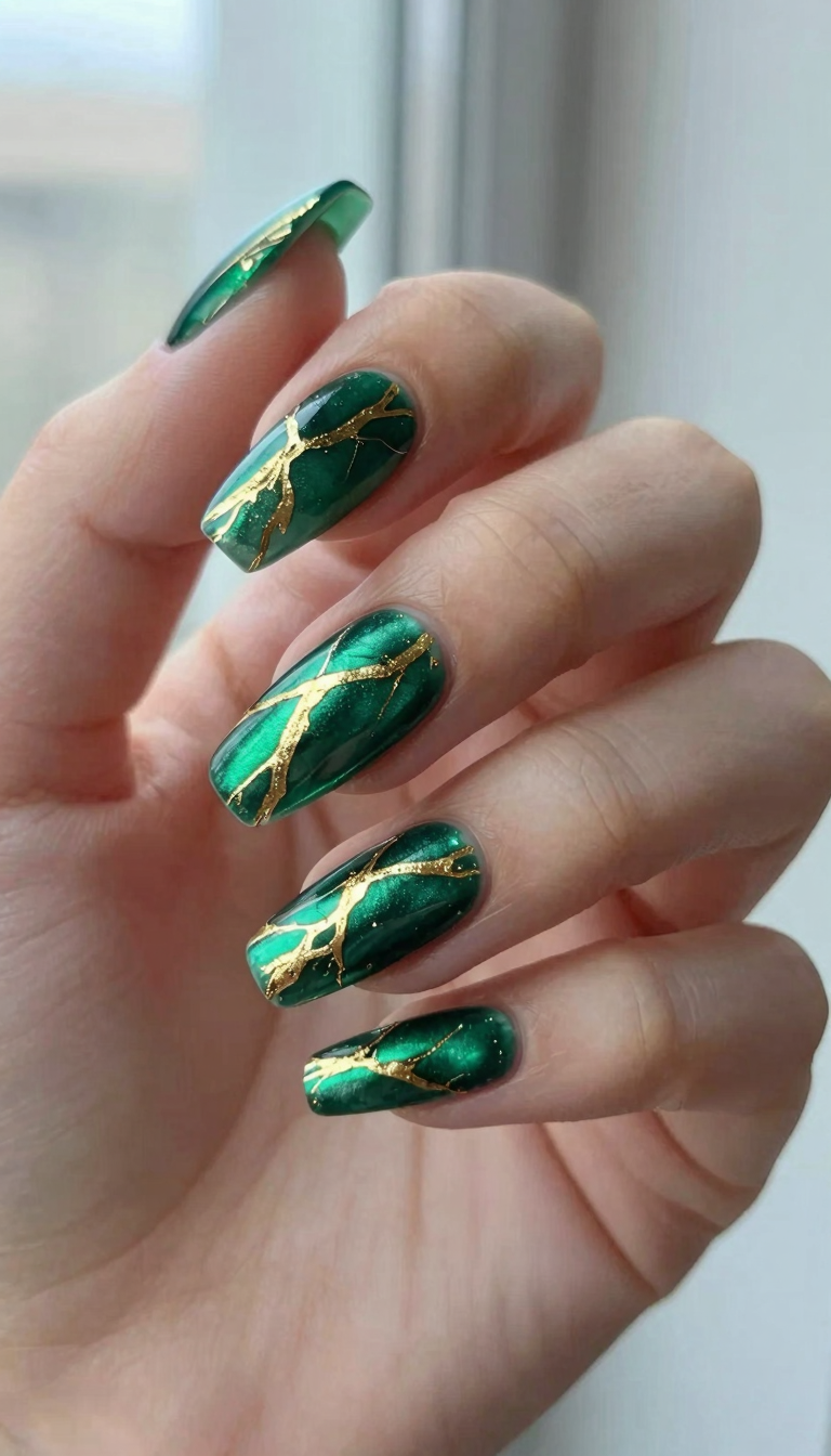 Emerald Satin with Gold Leaf Veining