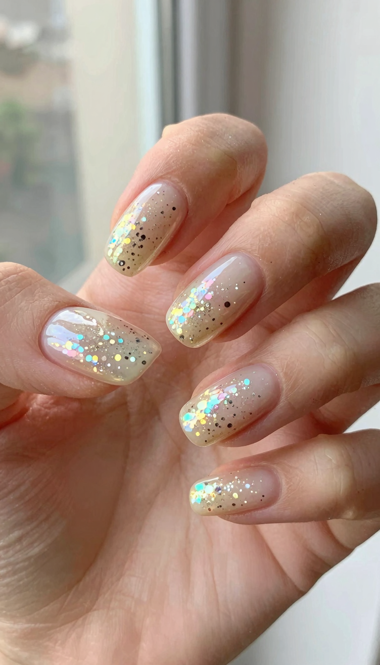 Ivory Shimmer with Holographic Silver Confetti Burst