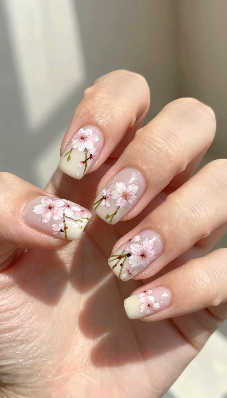 Milky White with Delicate Cherry Blossom