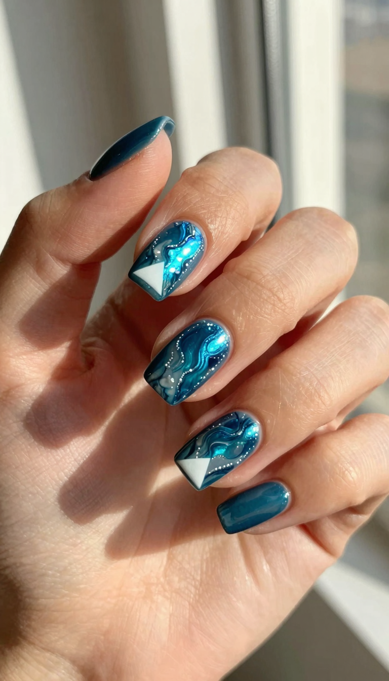 Ocean Blue Holographic Marble with Geometric
